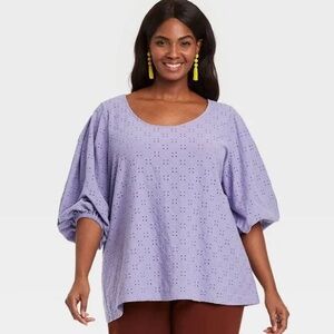 Puff Sleeve Eyelet Peasant Blouse - Purple